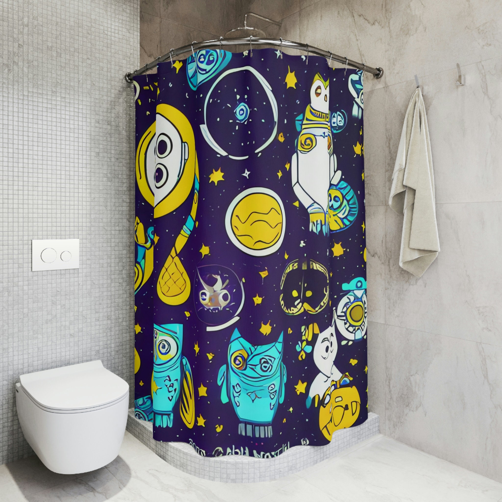 Outer Space Ai Art Cosmic Kitten And Robot Owl Print Shower Curtain For Kids Bathroom Decor