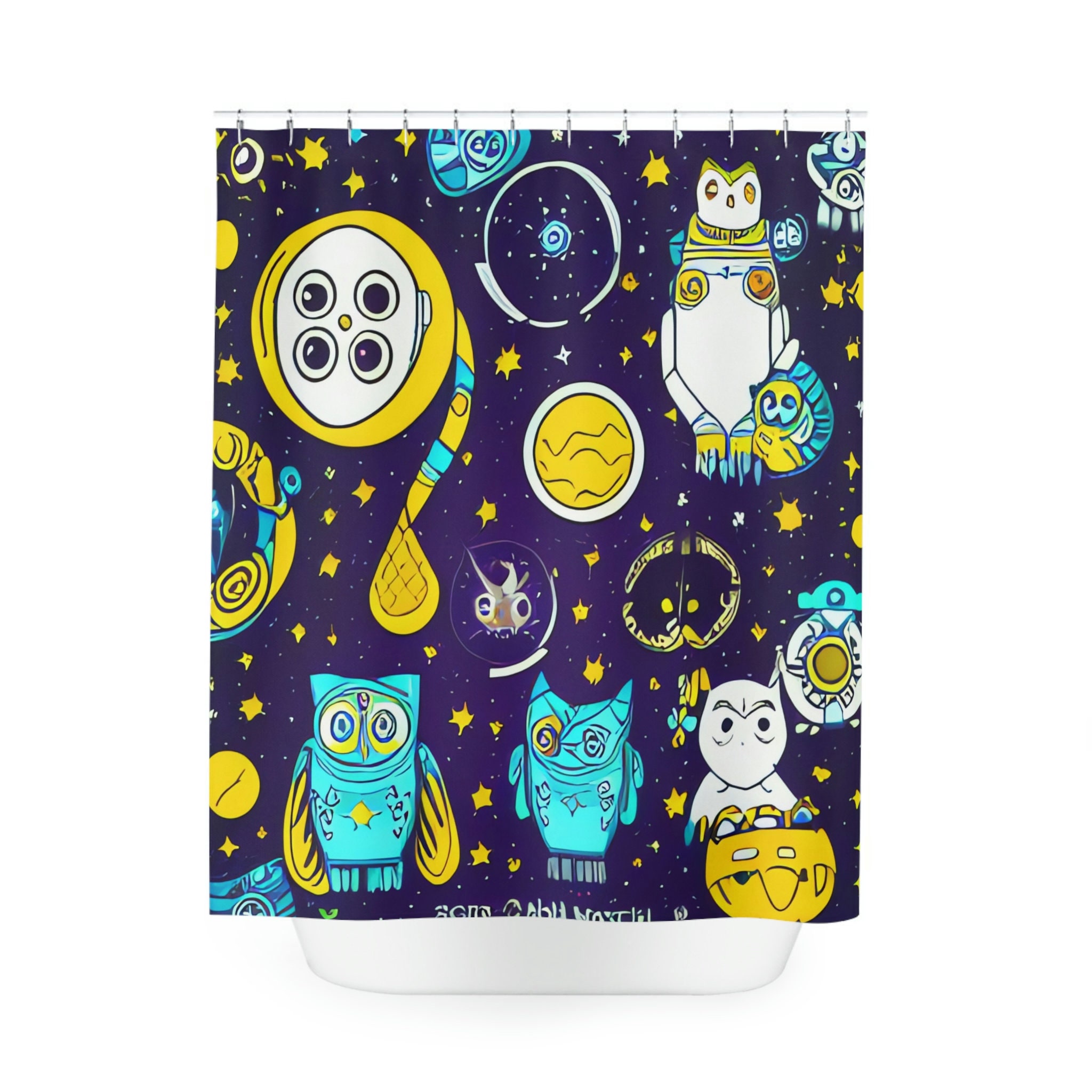 Outer Space Ai Art Cosmic Kitten And Robot Owl Print Shower Curtain For Kids Bathroom Decor - Image 2