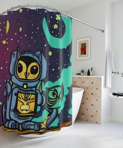 Outer Space Ai Art Cosmic Owl And Kitten Print Shower Curtain For Kids Bathroom Decor