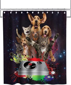 Outer Space Funny Dog Cat Vintage Shower Curtain Waterproof Washable Gray Black Red and Green