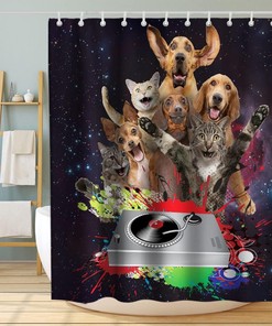 Outer Space Funny Dog Cat Vintage Shower Curtain Waterproof Washable Gray Black Red and Green