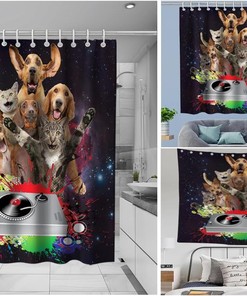 Outer Space Funny Dog Cat Vintage Shower Curtain Waterproof Washable Gray Black Red and Green