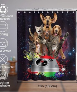 Outer Space Funny Dog Cat Vintage Shower Curtain Waterproof Washable Gray Black Red and Green