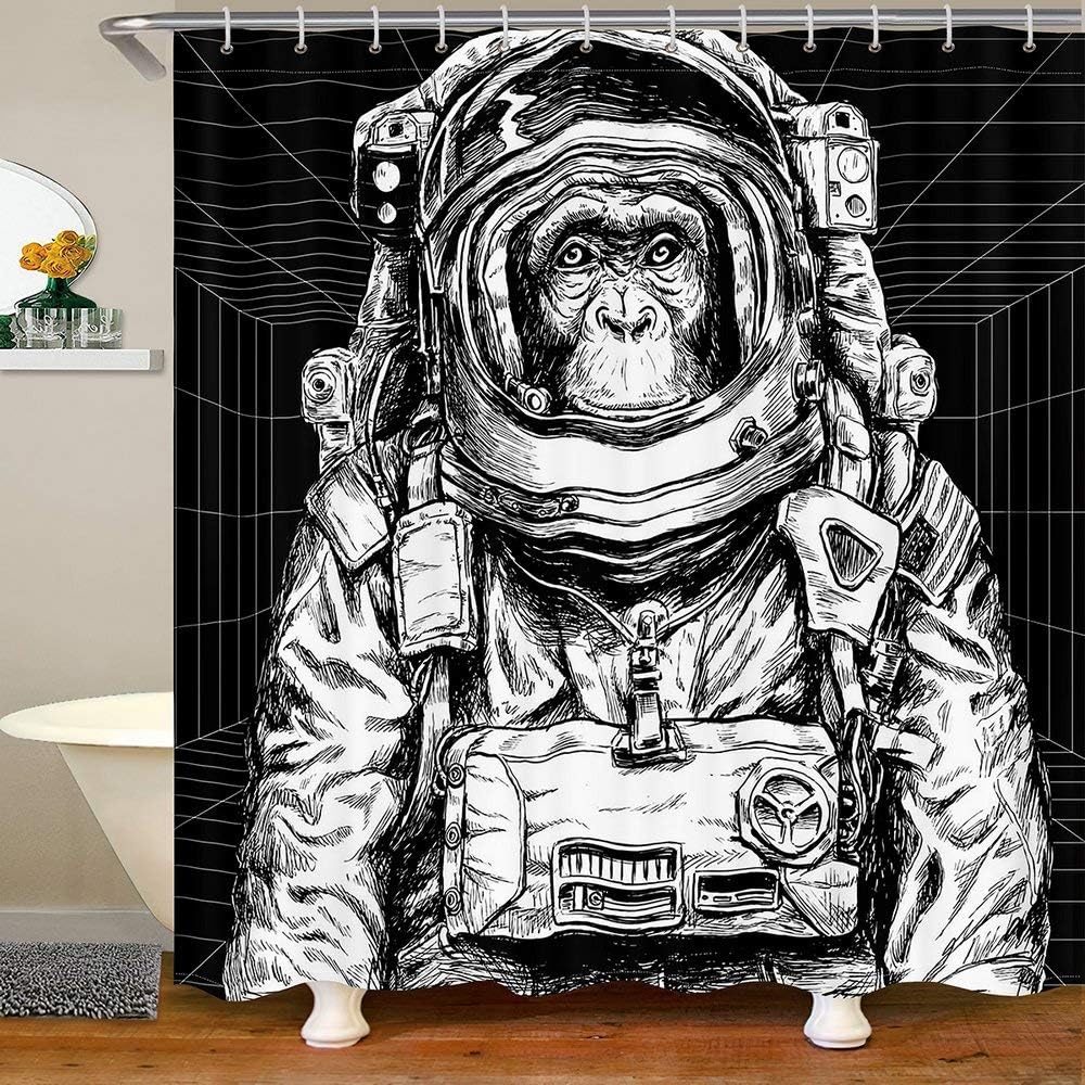 Outer Space Themed Monkey Astronaut Shower Curtain For Kids Bathroom
