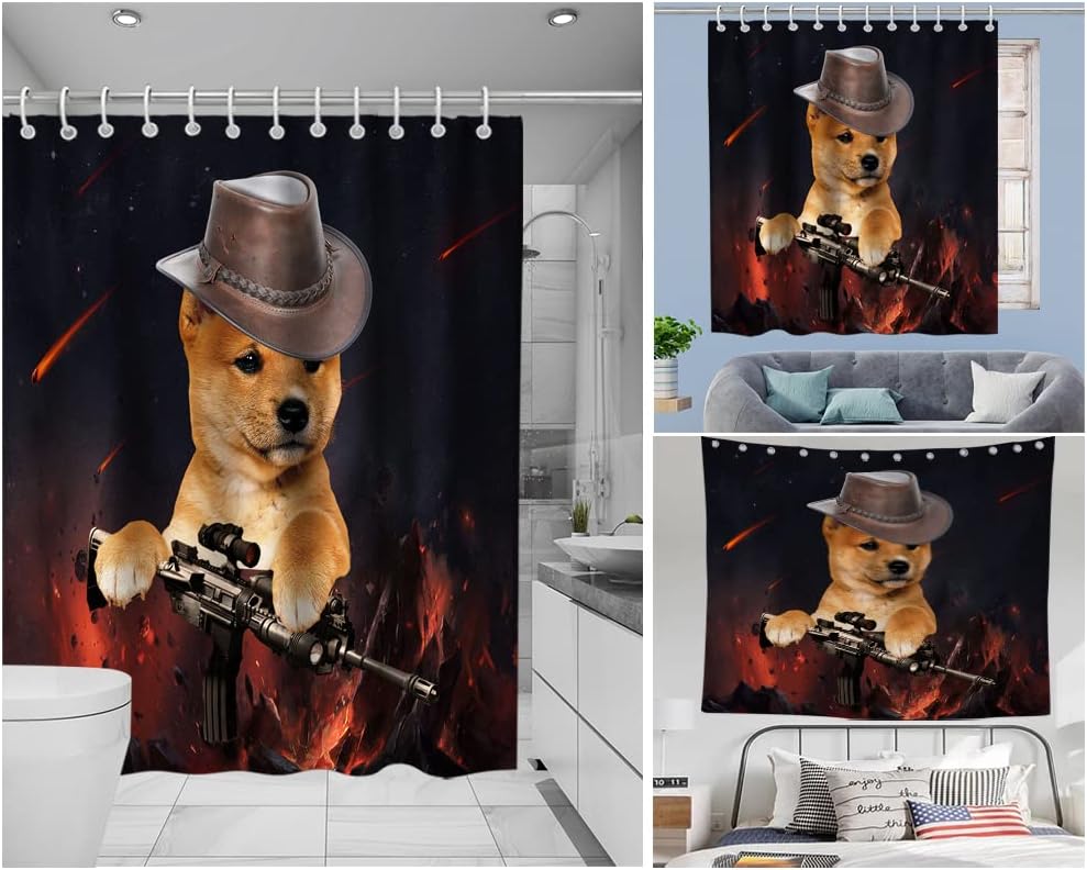 Outer Space Wars Funny Dog Animal Luxury Shower Curtain Waterproof Washable Gray Black and Red