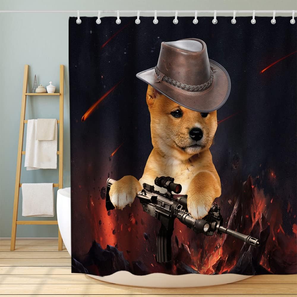 Outer Space Wars Funny Dog Animal Luxury Shower Curtain Waterproof Washable Gray Black and Red
