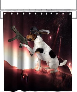 Outer Space Wars Funny Dog Best Shower Curtain Set Waterproof Washable Gray Black Red and White