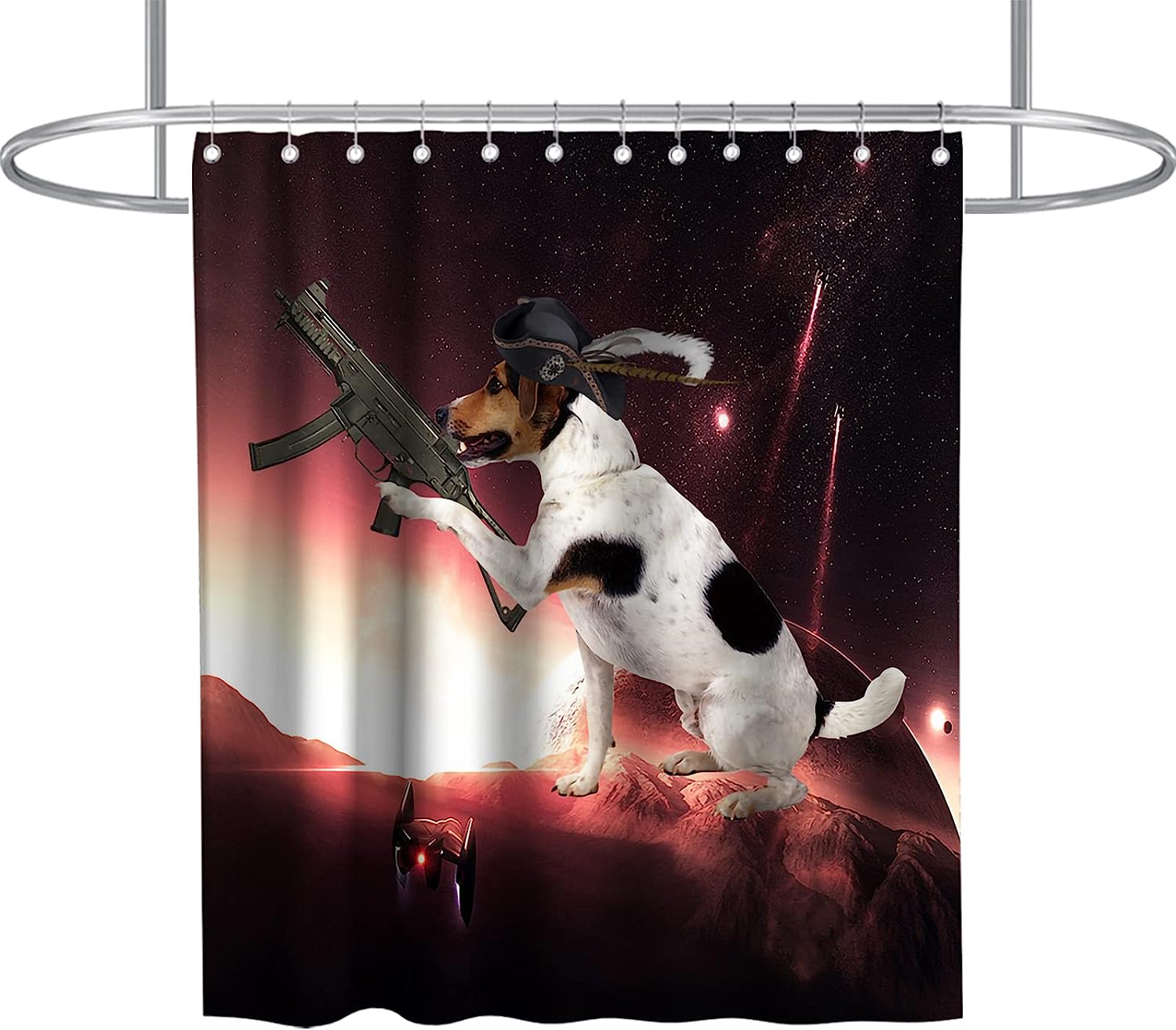 Outer Space Wars Funny Dog Best Shower Curtain Set Waterproof Washable Gray Black Red and White