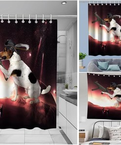Outer Space Wars Funny Dog Best Shower Curtain Set Waterproof Washable Gray Black Red and White