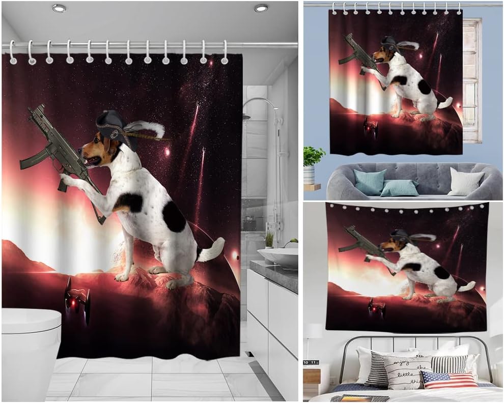 Outer Space Wars Funny Dog Best Shower Curtain Set Waterproof Washable Gray Black Red and White