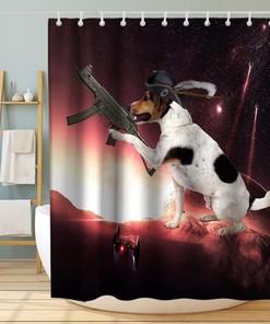 Outer Space Wars Funny Dog Best Shower Curtain Set Waterproof Washable Gray Black Red and White