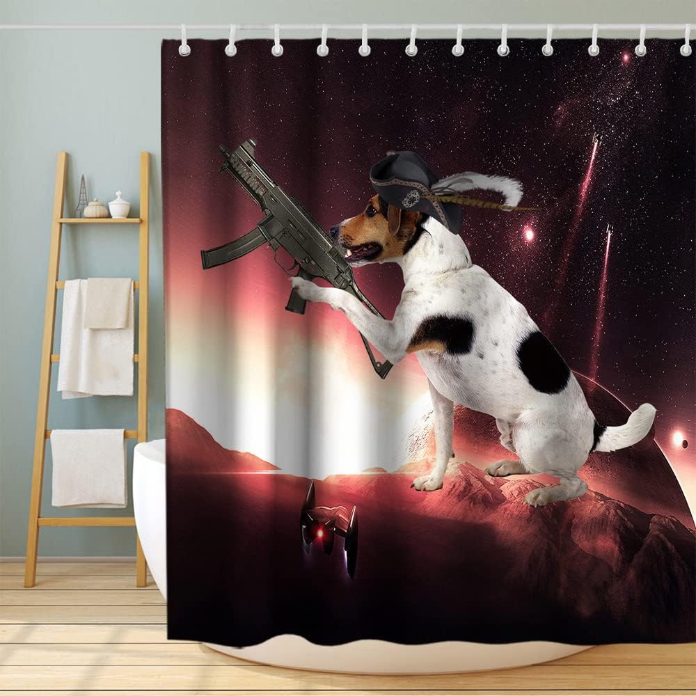 Outer Space Wars Funny Dog Best Shower Curtain Set Waterproof Washable Gray Black Red and White