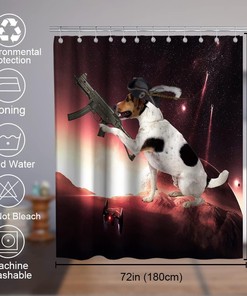 Outer Space Wars Funny Dog Best Shower Curtain Set Waterproof Washable Gray Black Red and White