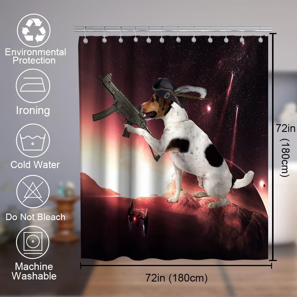 Outer Space Wars Funny Dog Best Shower Curtain Set Waterproof Washable Gray Black Red and White