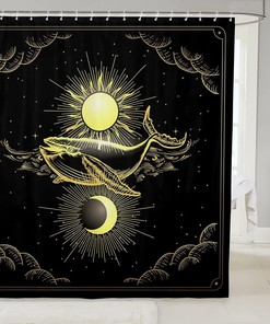 Outer Space Whale Shower Curtain for Kids Bathroom, Golden Sun and Moon Design and Waterproof
