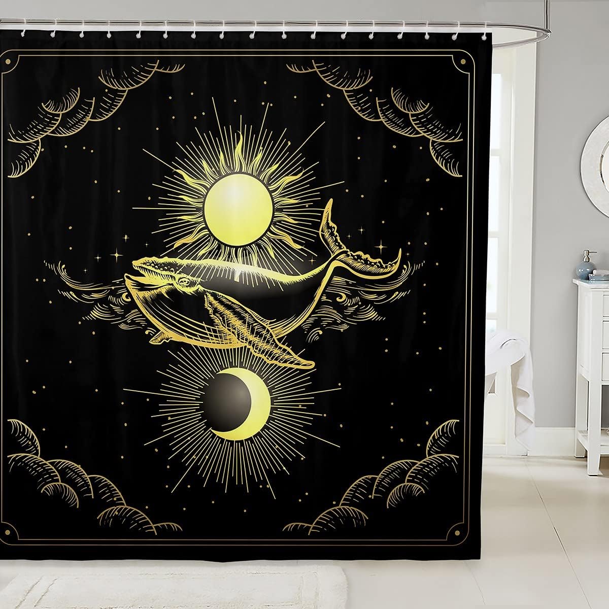 Outer Space Whale Shower Curtain for Kids Bathroom, Golden Sun and Moon Design and Waterproof