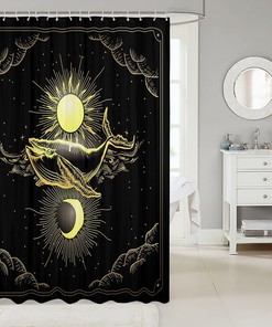 Outer Space Whale Shower Curtain for Kids Bathroom, Golden Sun and Moon Design and Waterproof