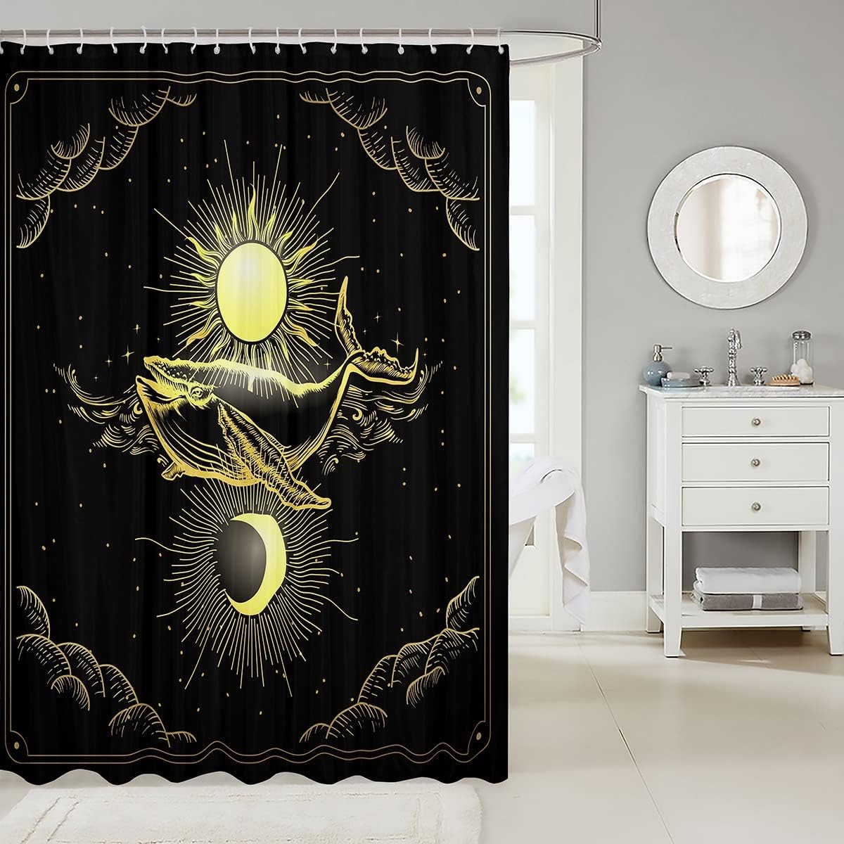 Outer Space Whale Shower Curtain for Kids Bathroom, Golden Sun and Moon Design and Waterproof