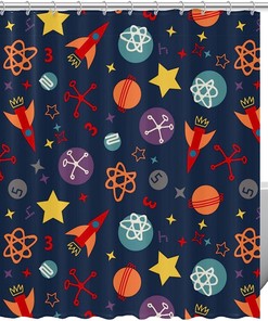 Outer Spaceship Rocket Stars and Planet Shower Curtain for Space Lovers