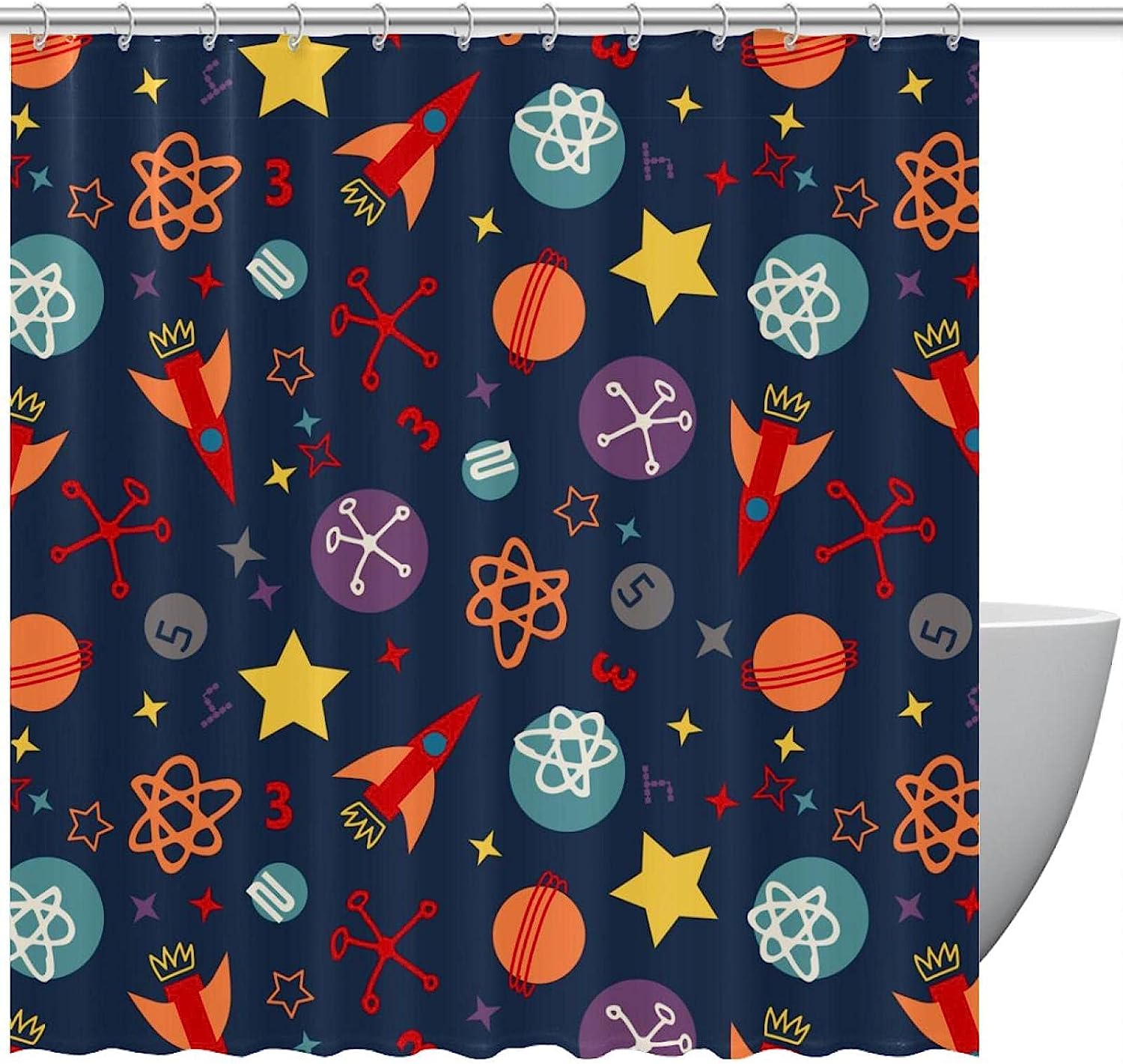 Outer Spaceship Rocket Stars and Planet Shower Curtain for Space Lovers