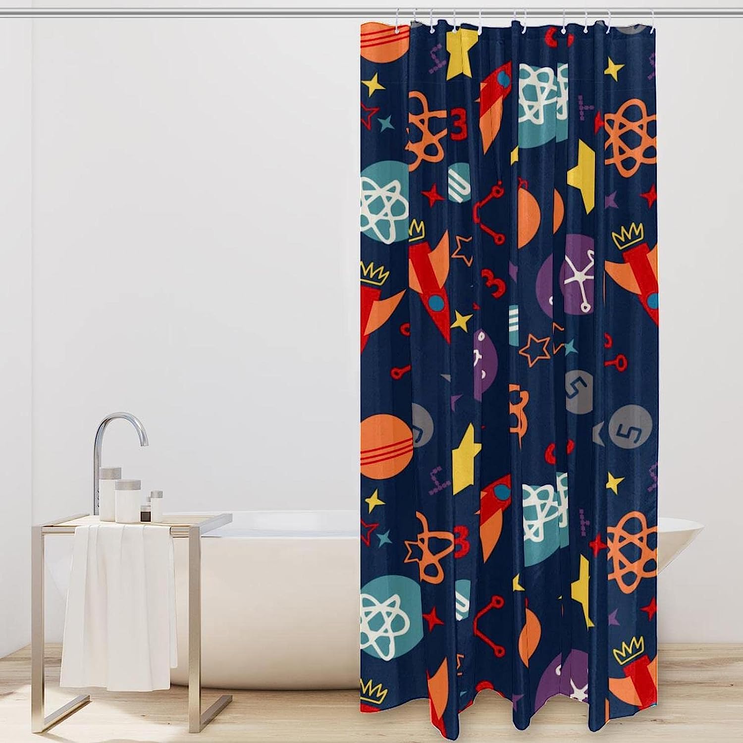 Outer Spaceship Rocket Stars and Planet Shower Curtain for Space Lovers