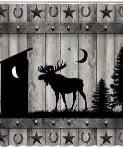 Outhouse Cabin Shower Curtain Rustic Deer Moose Vintage Wooden Board Western Texas Star Bathroom