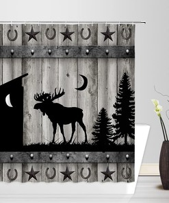 Outhouse Cabin Shower Curtain Rustic Deer Moose Vintage Wooden Board Western Texas Star Bathroom