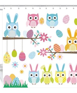 Owl Bunny Egg Fabric Easter Shower Curtain With Waterproof Material For Bathroom Decor