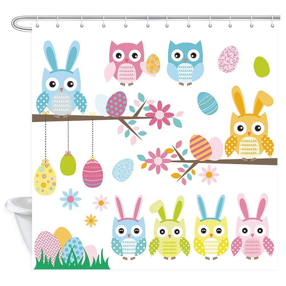 Owl Bunny Egg Fabric Easter Shower Curtain With Waterproof Material For Bathroom Decor