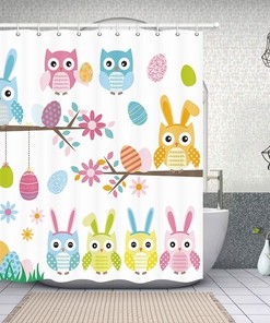 Owl Bunny Egg Fabric Easter Shower Curtain With Waterproof Material For Bathroom Decor