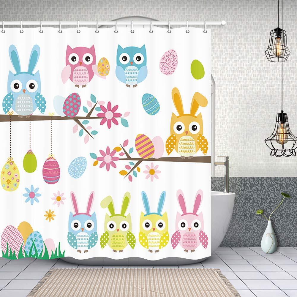 Owl Bunny Egg Fabric Easter Shower Curtain With Waterproof Material For Bathroom Decor