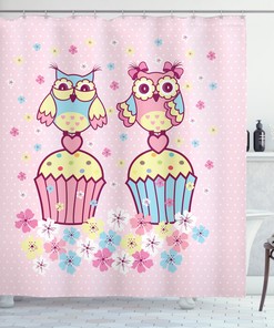Owl Couples on Cupcakes Artistic Shower Curtain for a Romantic Bathroom