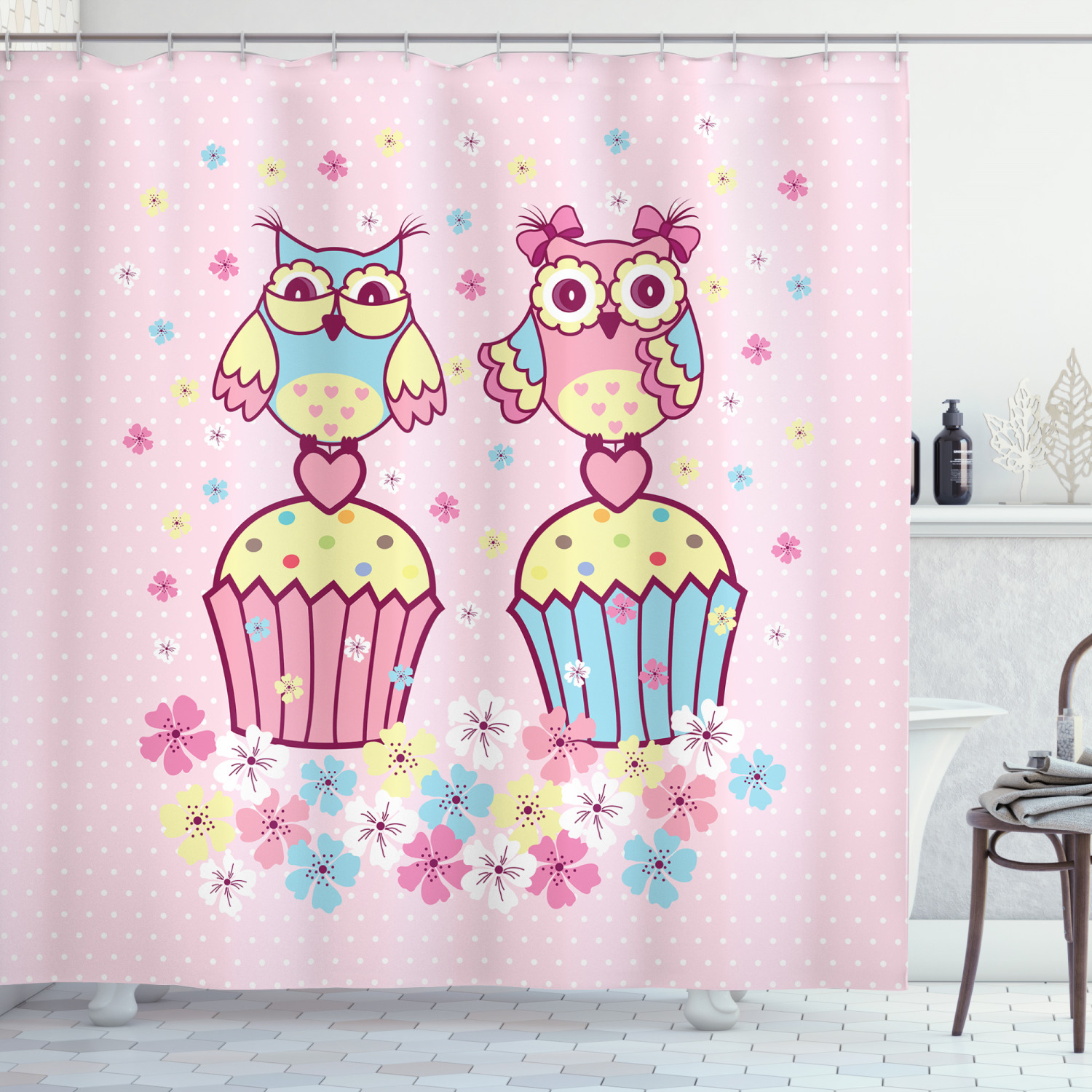 Owl Couples on Cupcakes Artistic Shower Curtain for a Romantic Bathroom