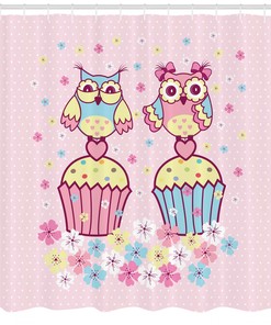 Owl Couples on Cupcakes Artistic Shower Curtain for a Romantic Bathroom