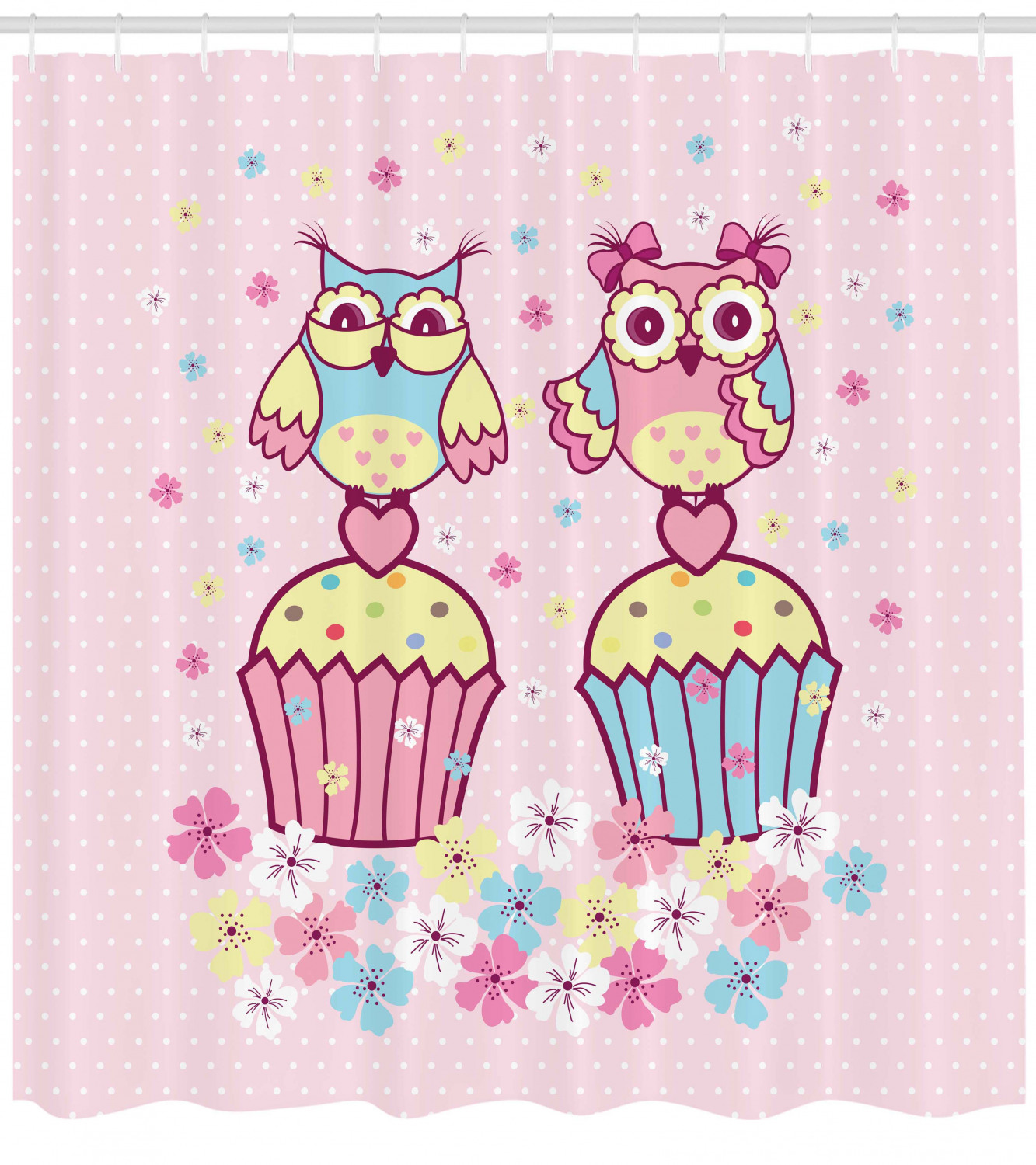 Owl Couples on Cupcakes Artistic Shower Curtain for a Romantic Bathroom