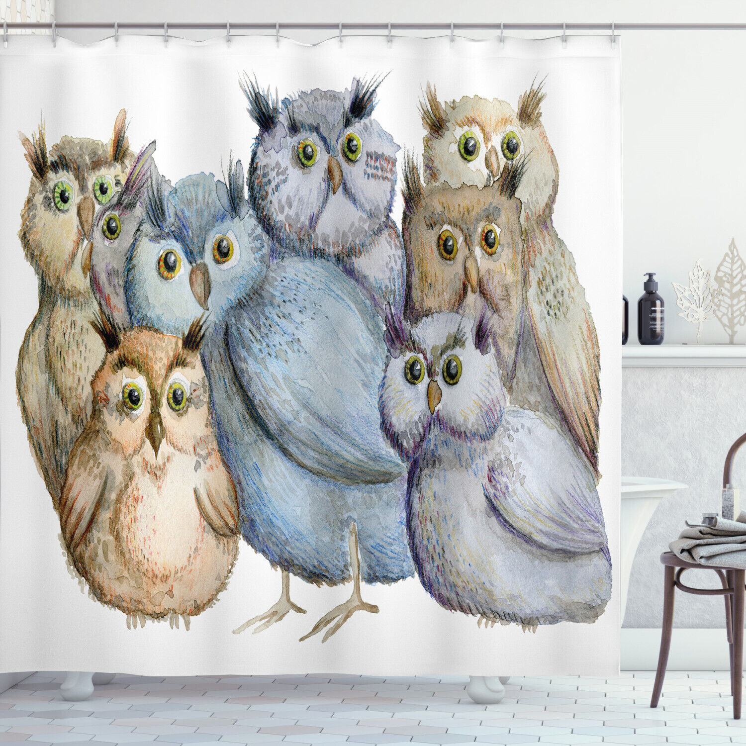 Owl Family Portrait Art Print Shower Curtain for Family Bathroom Decor