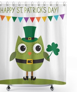 Owl Leprechaun Costume Greeting Shower Curtain with Shamrock Pattern Print for a Whimsical St Patrick's Day Bathroom
