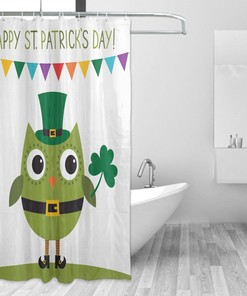 Owl Leprechaun Costume Greeting Shower Curtain with Shamrock Pattern Print for a Whimsical St Patrick's Day Bathroom