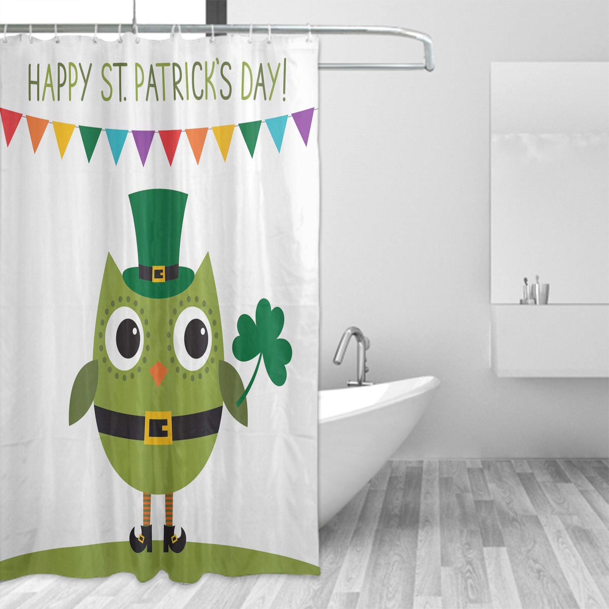 Owl Leprechaun Costume Greeting Shower Curtain with Shamrock Pattern Print for a Whimsical St Patrick's Day Bathroom