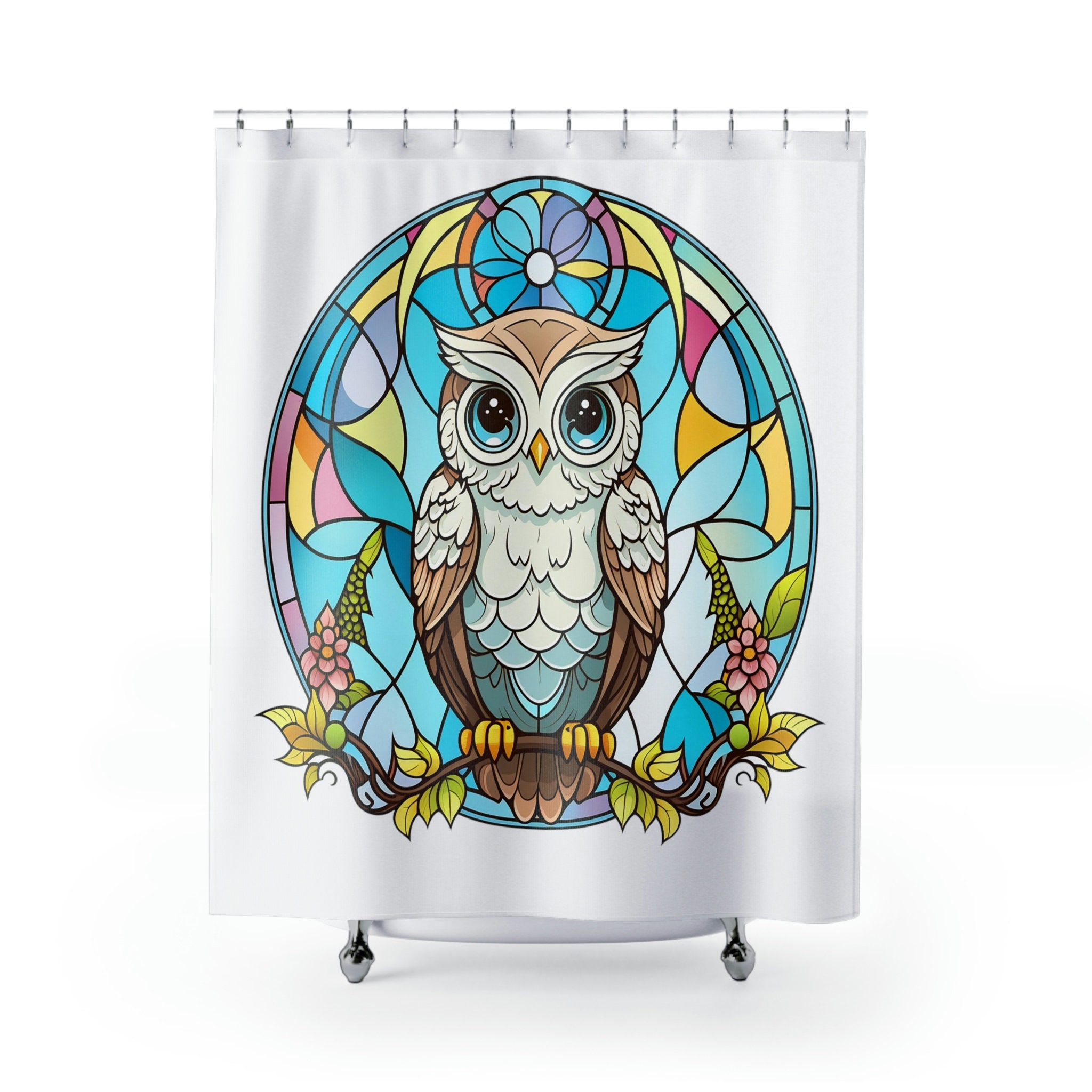 Owl Shower Curtain, Stained Glass Window Design For Kids Bathroom - Image 2