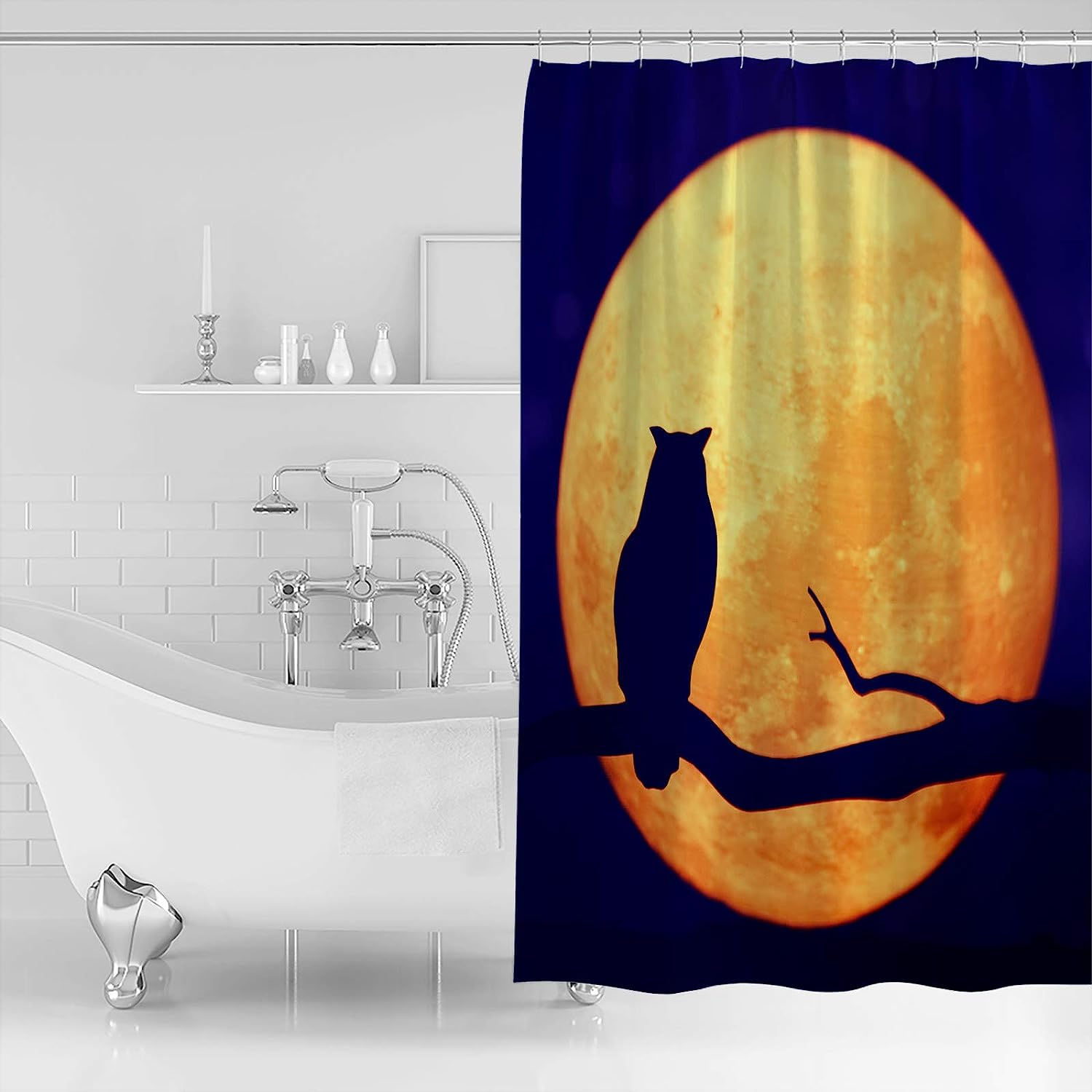 Owl Silhouette Full Moon Shower Curtain For An Enchanting Bathroom - Image 2