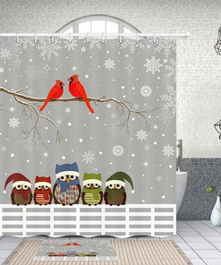 Owl and Cardinal Bird Shower Curtain Fabric for Bathroom Decor