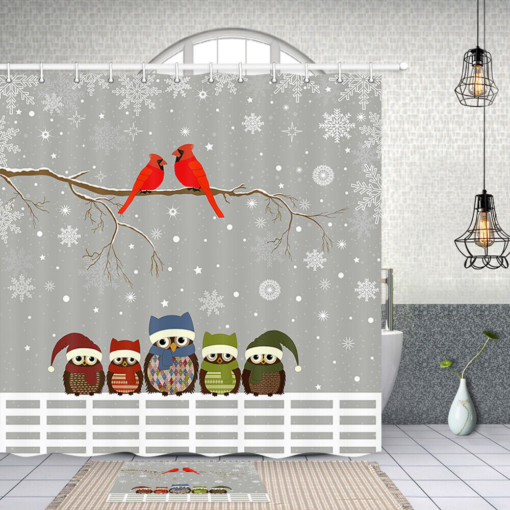Owl and Cardinal Bird Shower Curtain Fabric for Bathroom Decor