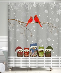 Owl and Cardinal Bird Shower Curtain Fabric for Bathroom Decor