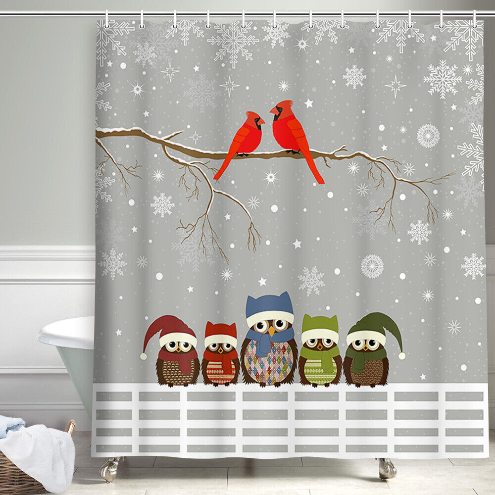 Owl and Cardinal Bird Shower Curtain Fabric for Bathroom Decor