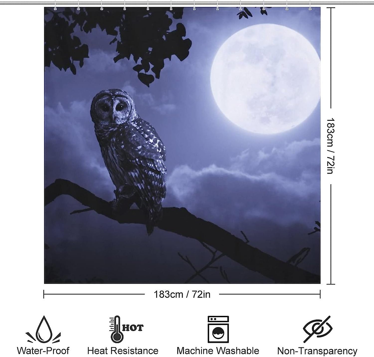 Owl and Moon Print Design Shower Curtain for Bathroom Decor