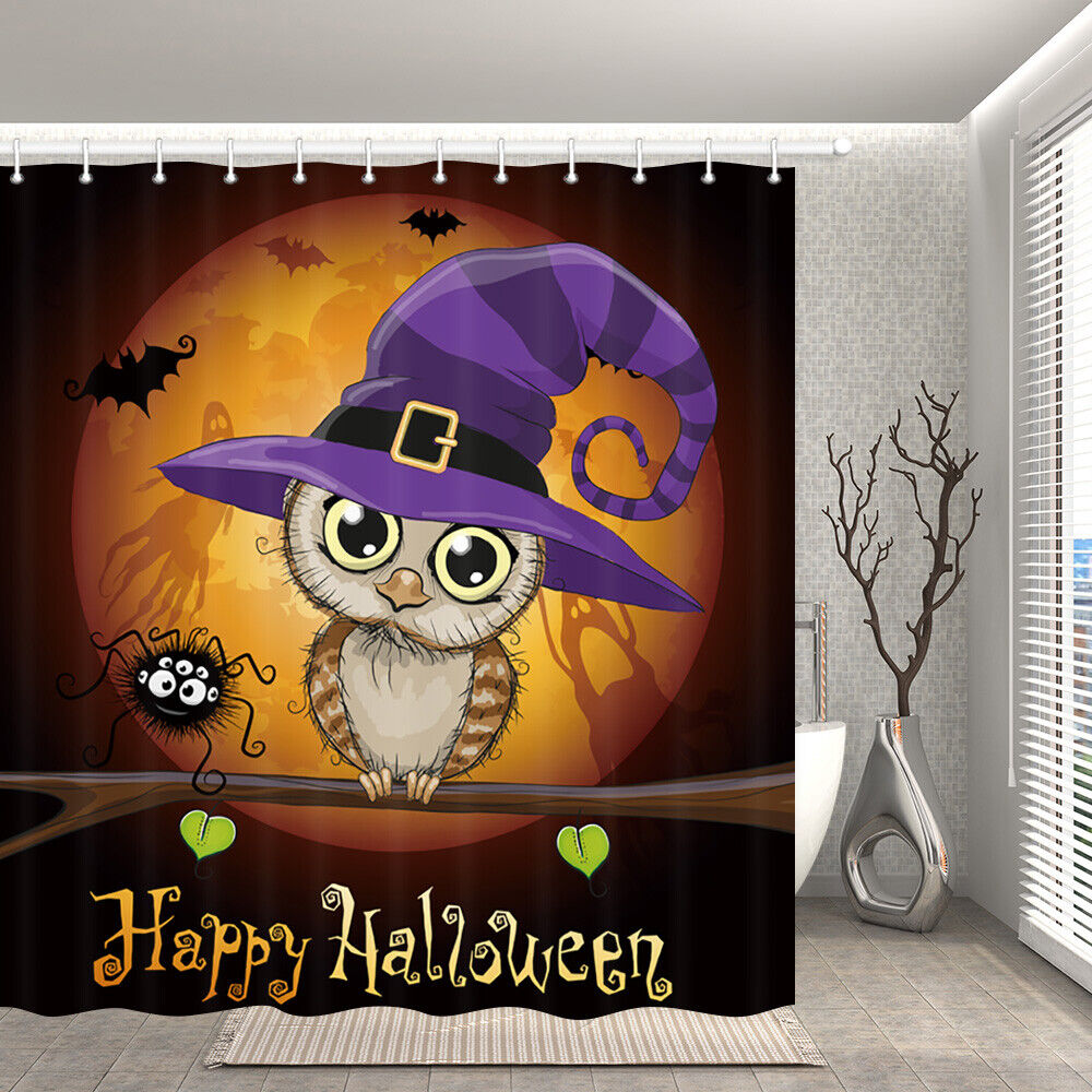 Owl and Witch Hat Bathroom Shower Curtain Fabric Decor