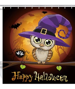 Owl and Witch Hat Bathroom Shower Curtain Fabric Decor