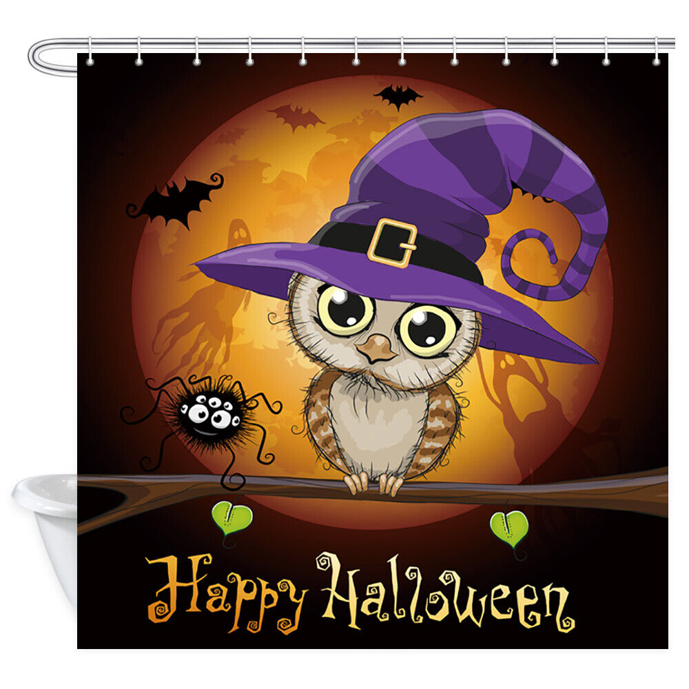 Owl and Witch Hat Bathroom Shower Curtain Fabric Decor