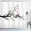 Owls In Love Shower Curtain, Branch Leaf Hearts Romance Themed Artwork Print, Cloth Bathroom Decor